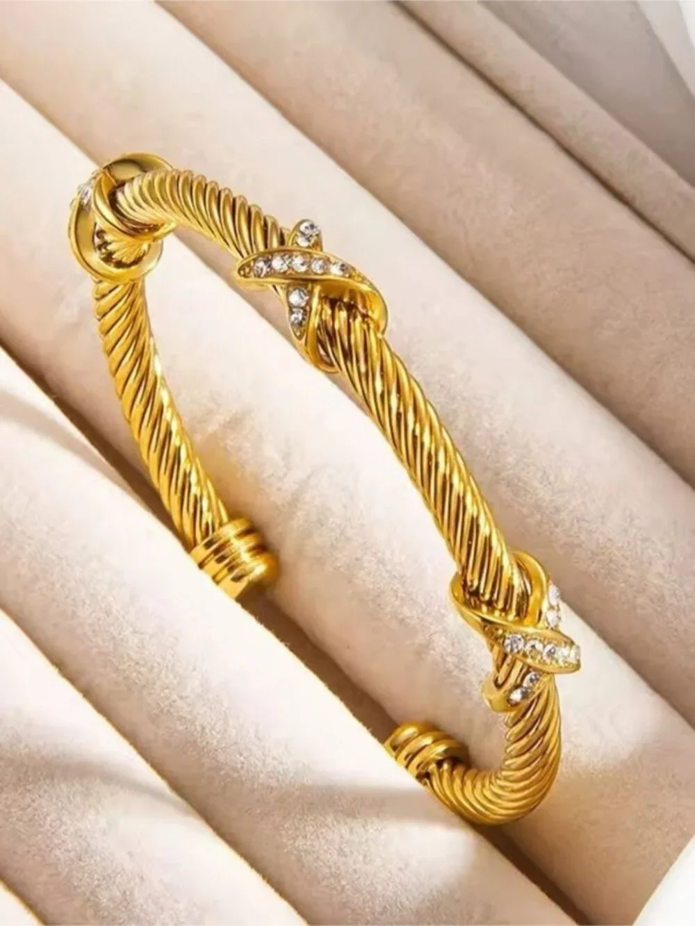 Gold Twisted Rope Bracelet with Crystal Accents